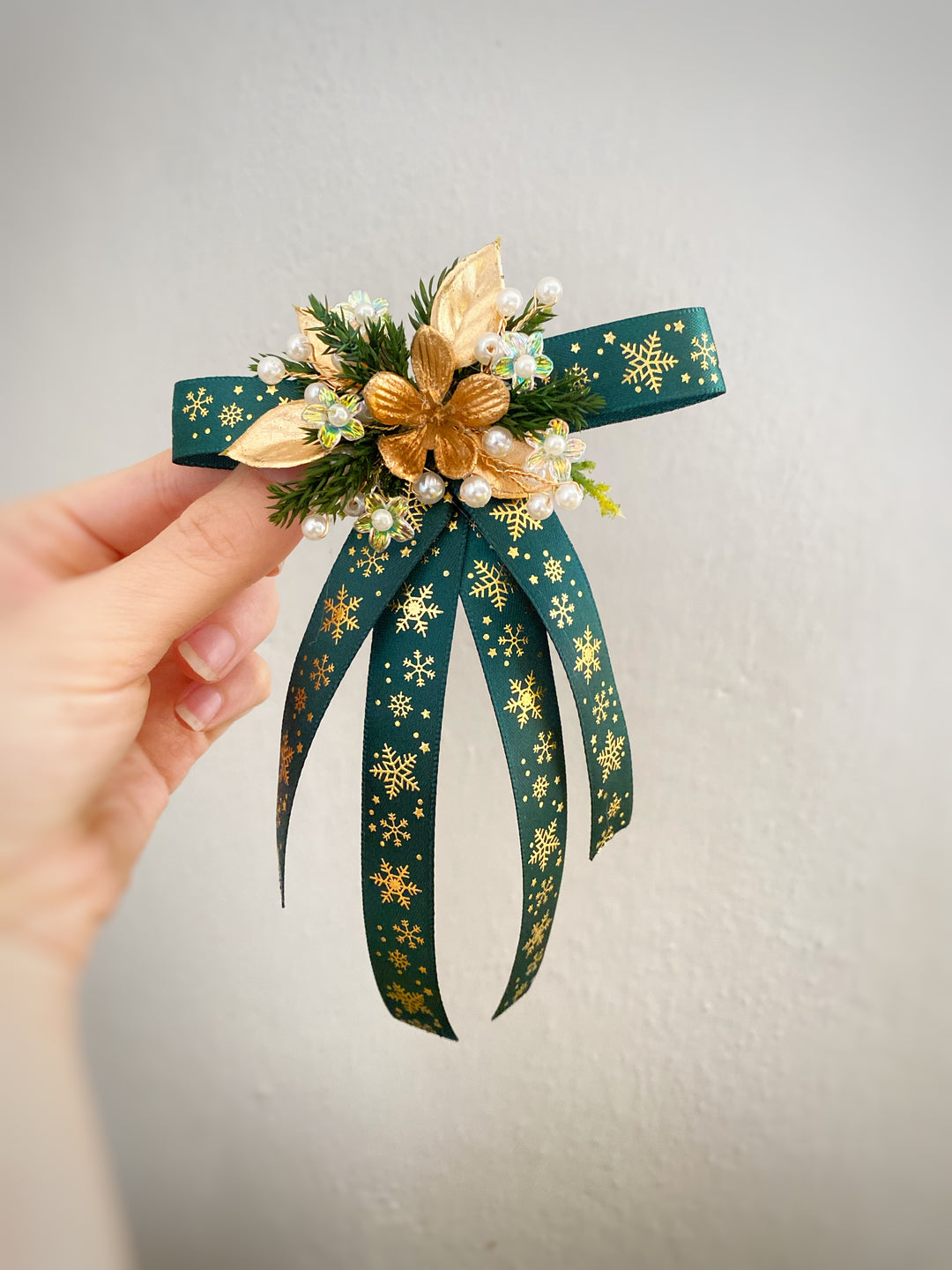 Green Christmas Hair Bow Clip | Gold Snowflakes and Floral Details