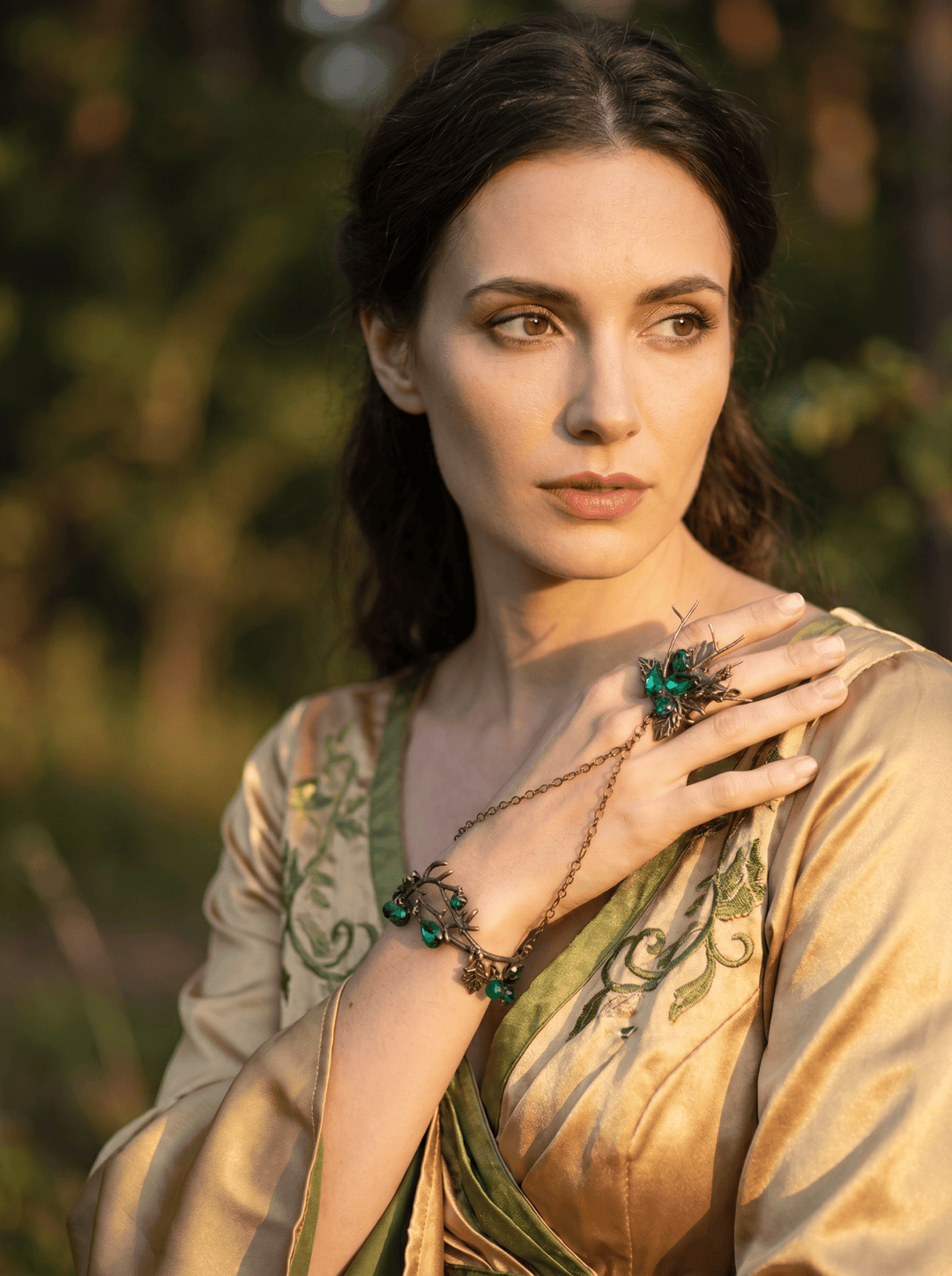 Emerald Green Floral Bracelet with Ring: Woodland Fairy Jewelry – handmade floral hair accessory by magaela