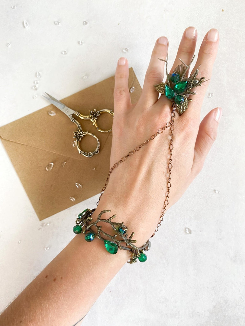 Emerald Green Floral Bracelet with Ring: Woodland Fairy Jewelry – handmade floral hair accessory by magaela