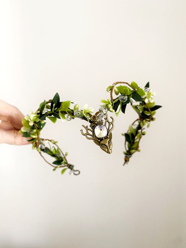 Green Enchanted Forest Tiara with Crystal Beads – Fairy Wedding Crown – handmade floral hair accessory by magaela