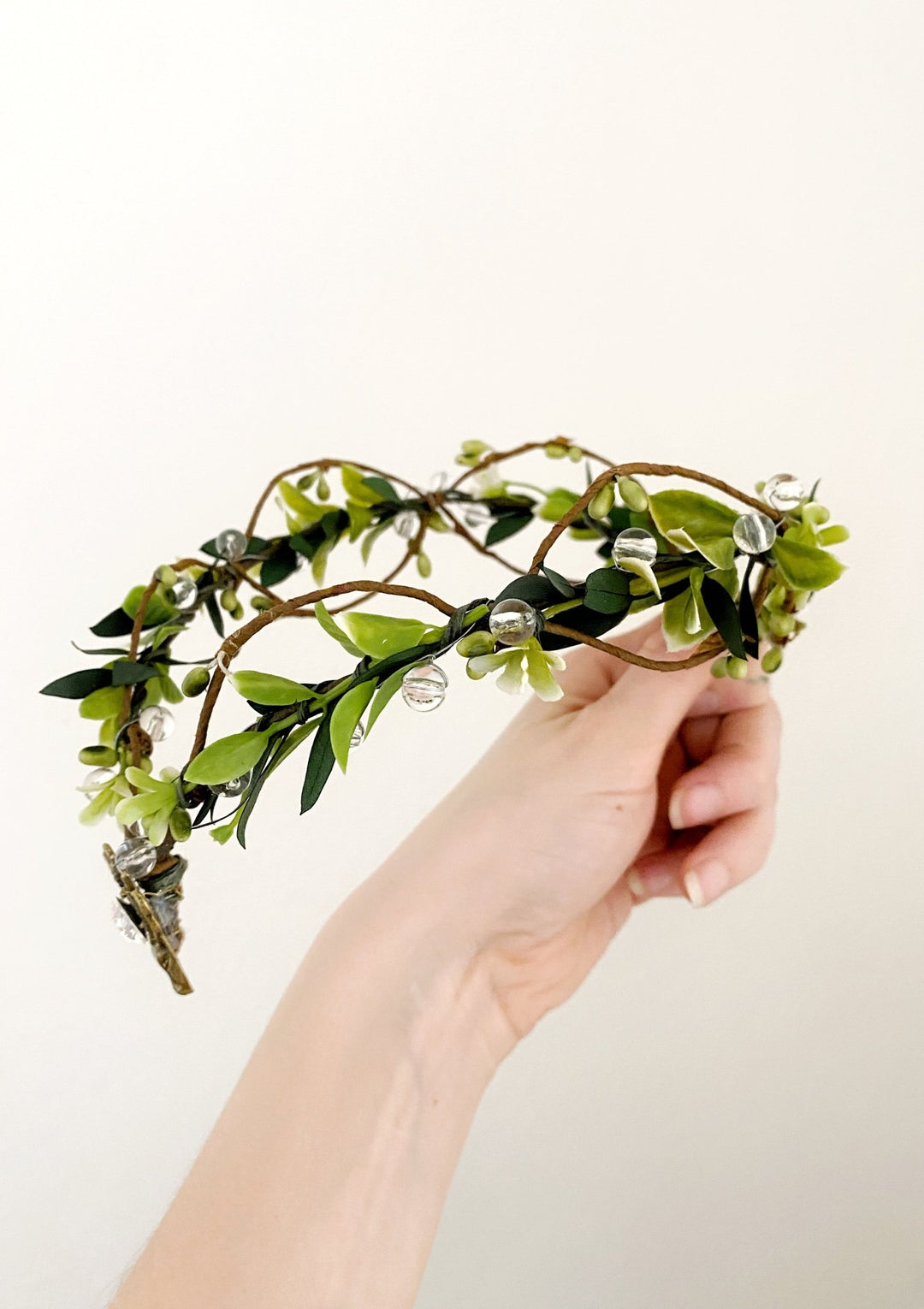 Green Enchanted Forest Tiara with Crystal Beads – Fairy Wedding Crown – handmade floral hair accessory by magaela