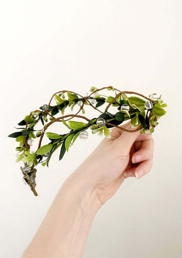 Green Enchanted Forest Tiara with Crystal Beads – Fairy Wedding Crown – handmade floral hair accessory by magaela