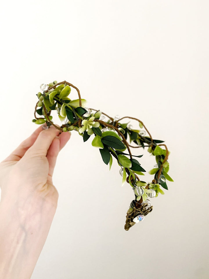 Green Enchanted Forest Tiara with Crystal Beads – Fairy Wedding Crown – handmade floral hair accessory by magaela