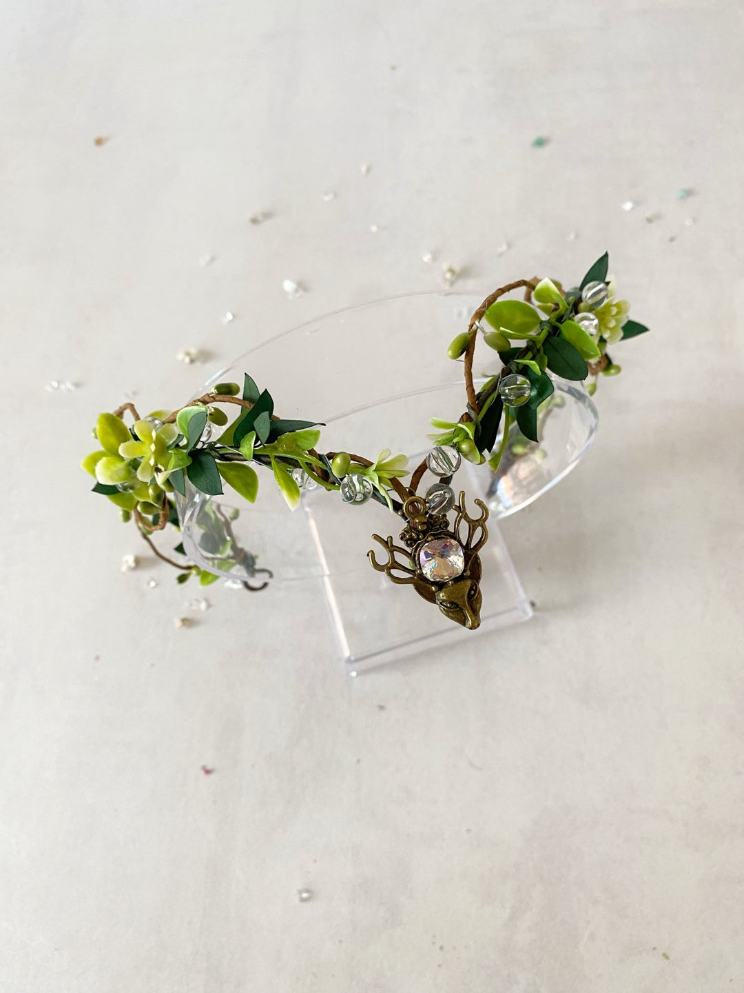 Green Enchanted Forest Tiara with Crystal Beads – Fairy Wedding Crown – handmade floral hair accessory by magaela