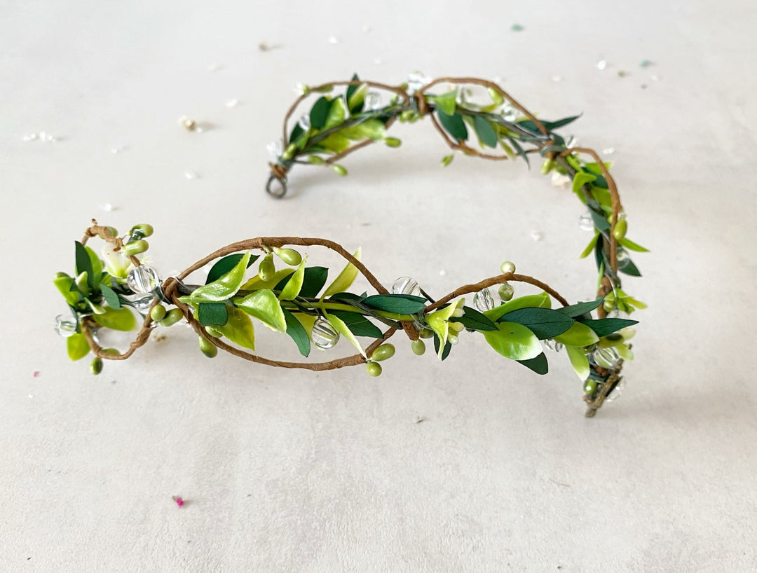 Green Enchanted Forest Tiara with Crystal Beads – Fairy Wedding Crown – handmade floral hair accessory by magaela