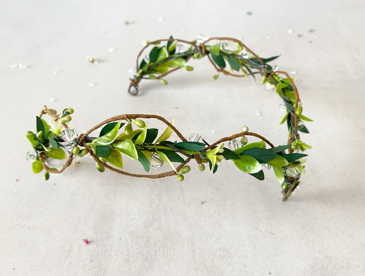 Green Enchanted Forest Tiara with Crystal Beads – Fairy Wedding Crown – handmade floral hair accessory by magaela