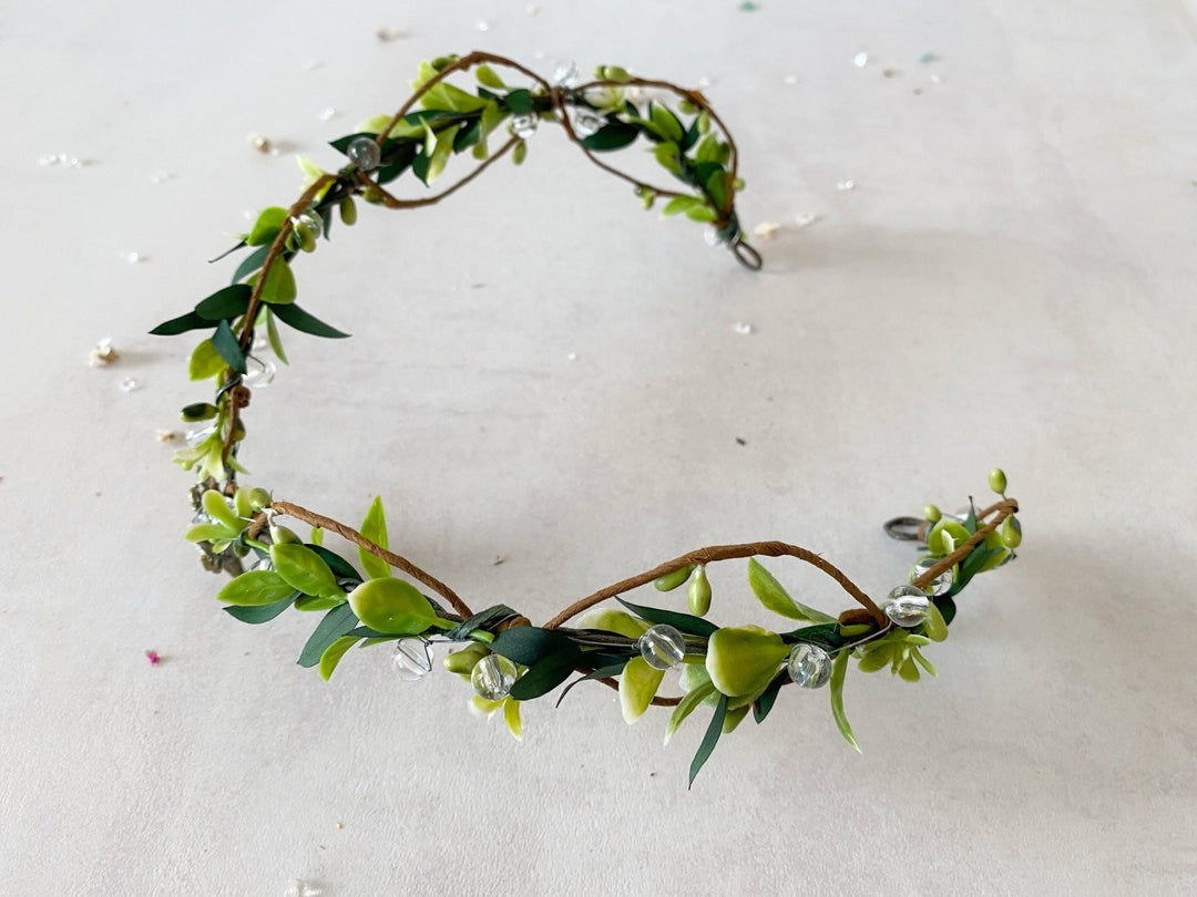 Green Enchanted Forest Tiara with Crystal Beads – Fairy Wedding Crown – handmade floral hair accessory by magaela