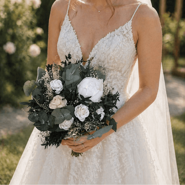 Eucalyptus Wedding Bouquet: White Peony & Greenery Bridal Bouquet – handmade floral hair accessory by magaela