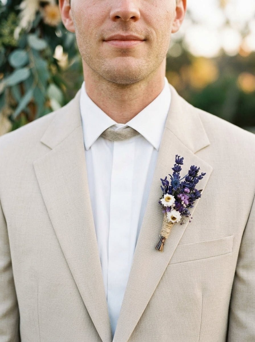 Natural Lavender and Thistle Boutonniere | Groom Wedding Accessory – handmade floral hair accessory by magaela