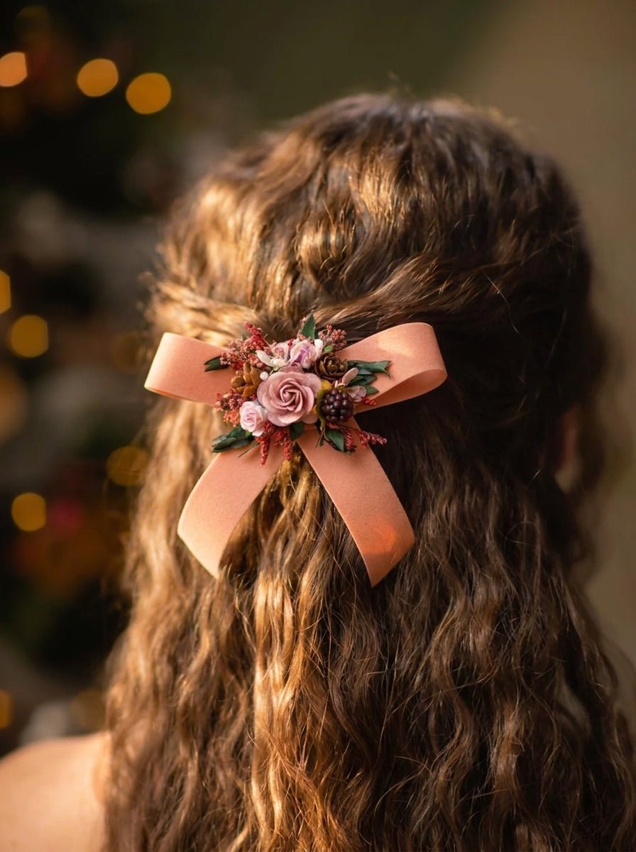 Peach Floral Hair Bow Clip | Dusty Pink Roses and Blackberry – handmade floral hair accessory by magaela
