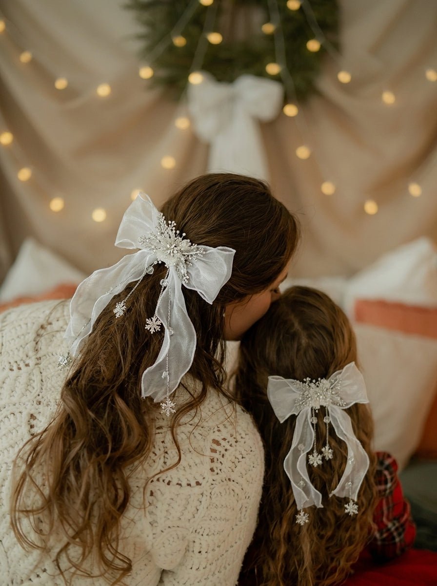 White Snowflake Hair Bow: Mom and Daughter Set | Winter Wedding and Christmas – handmade floral hair accessory by magaela