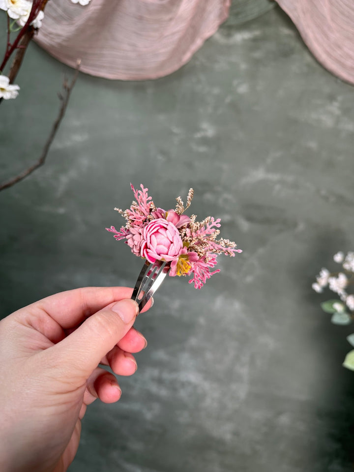 Pink Floral Hair Clip with Textile Peony, Artificial Branches and Preserved Grasses – handmade floral hair accessory by magaela