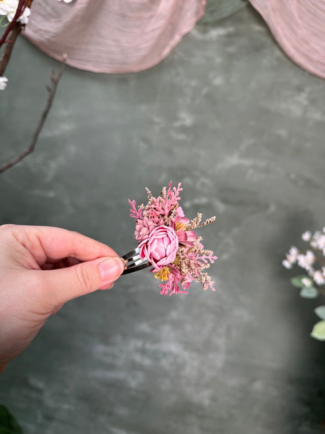 Pink Floral Hair Clip with Textile Peony, Artificial Branches and Preserved Grasses – handmade floral hair accessory by magaela