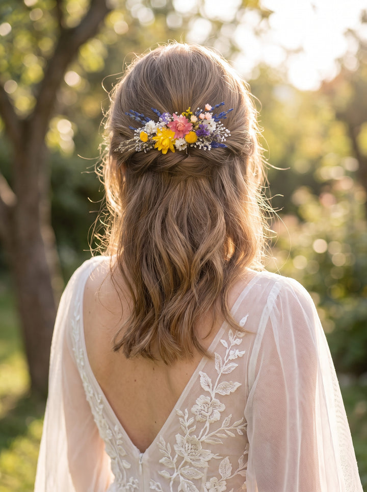 A woman viewed from behind outdoors, wearing a floral hair accessory with small yellow, pink, blue, and white flowers in her half-up hairstyle. She is wearing a white lace bridal gown with sheer sleeves and an open back, set against a softly blurred garden background.