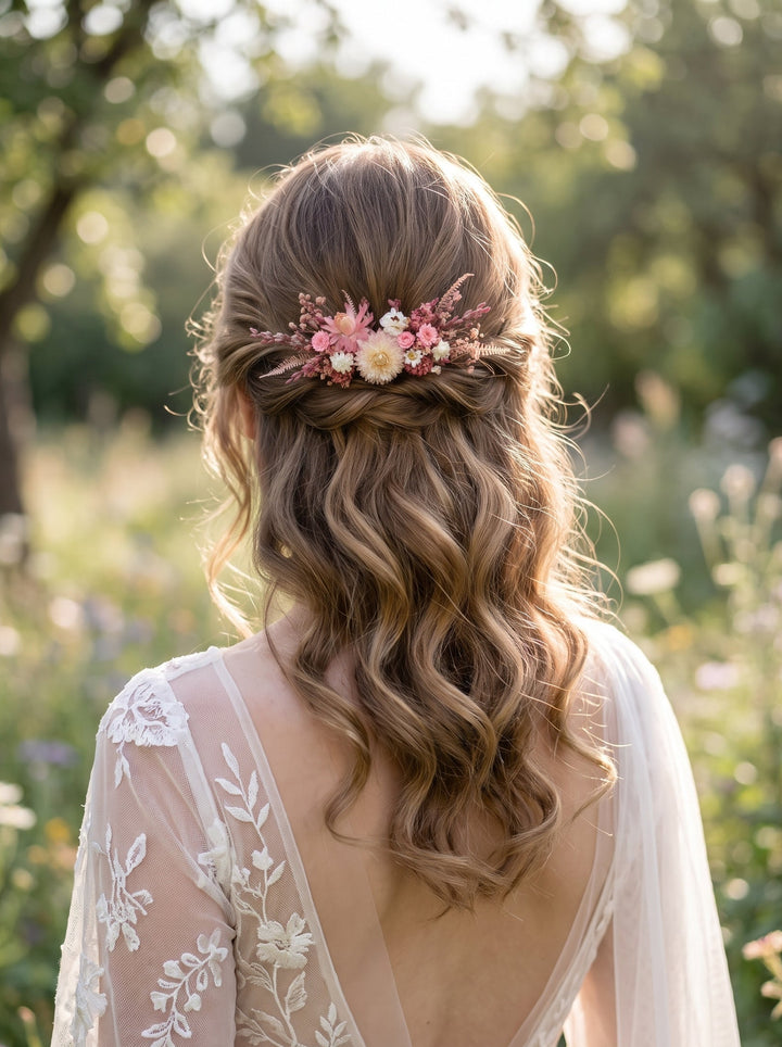 A woman viewed from behind outdoors, wearing a bridal hairstyle with a floral hair accessory in soft pink, peach, and cream tones, along with a white lace-back dress in a sunlit garden setting.