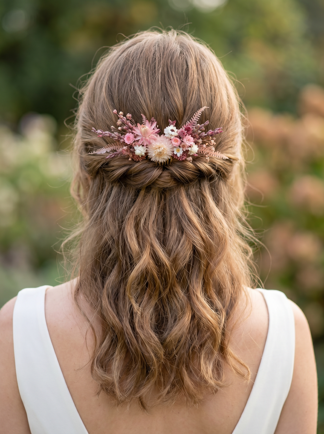 A woman viewed from behind wearing a half-updo hairstyle with a delicate floral hair accessory in soft pink, cream, and white tones, set against a blurred outdoor garden background.