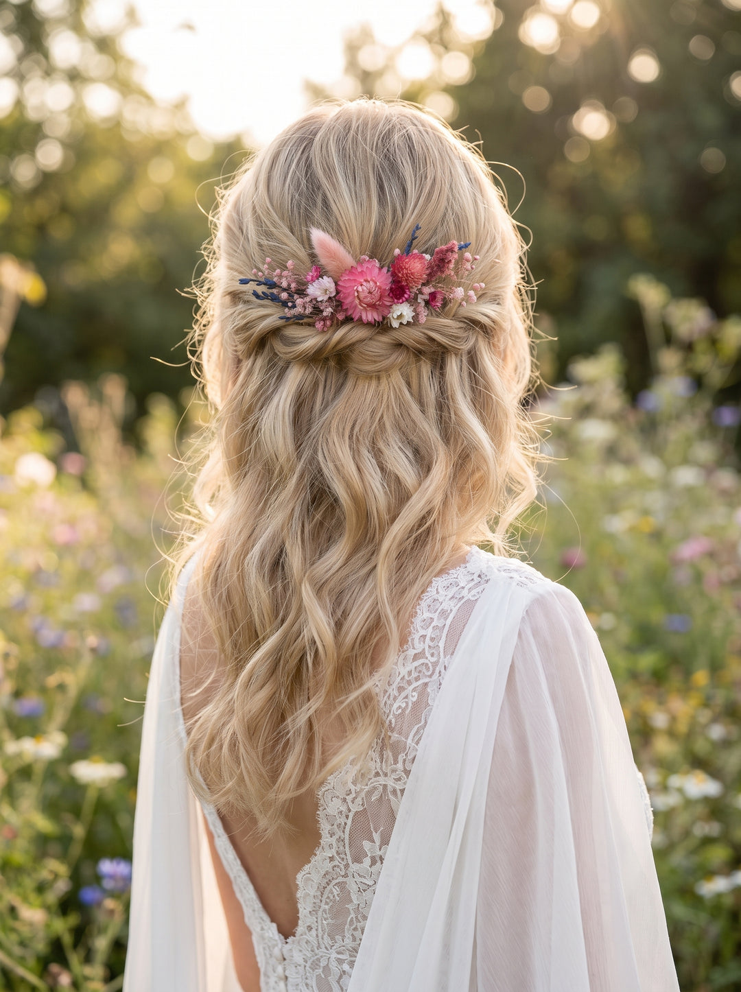 A woman seen from behind wearing a white lace bridal gown and a floral hair accessory with pink flowers, standing in a sunlit outdoor field.