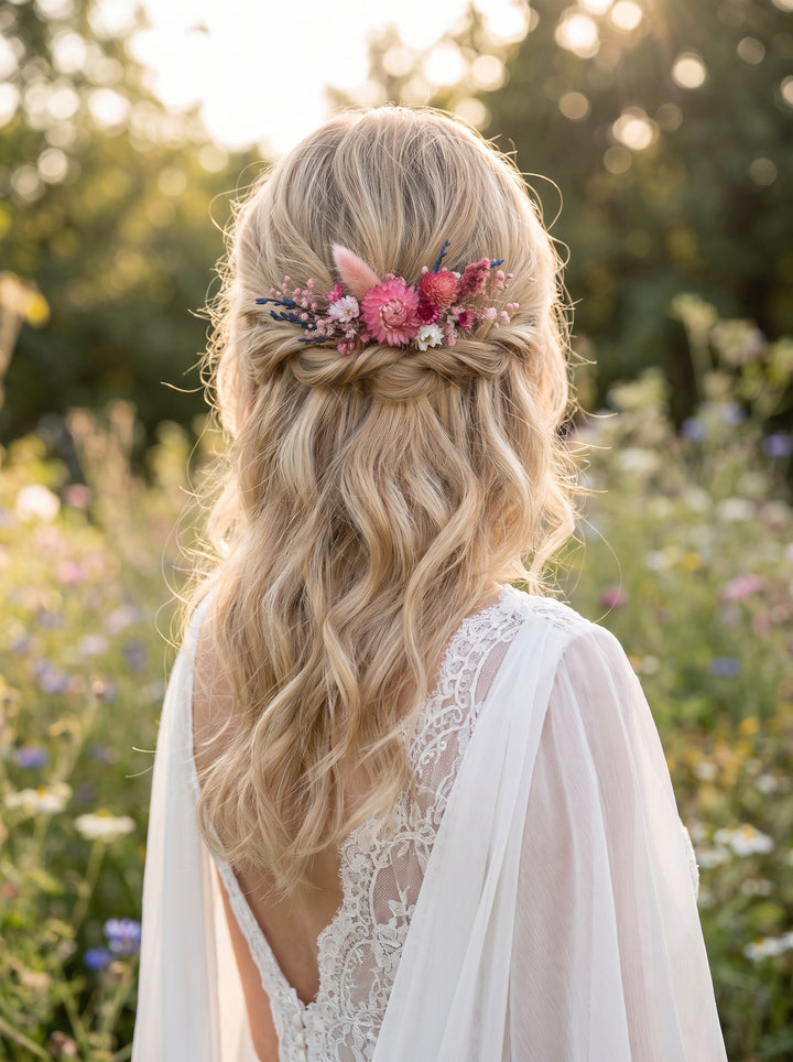 A woman seen from behind wearing a white lace bridal gown and a floral hair accessory with pink flowers, standing in a sunlit outdoor field.