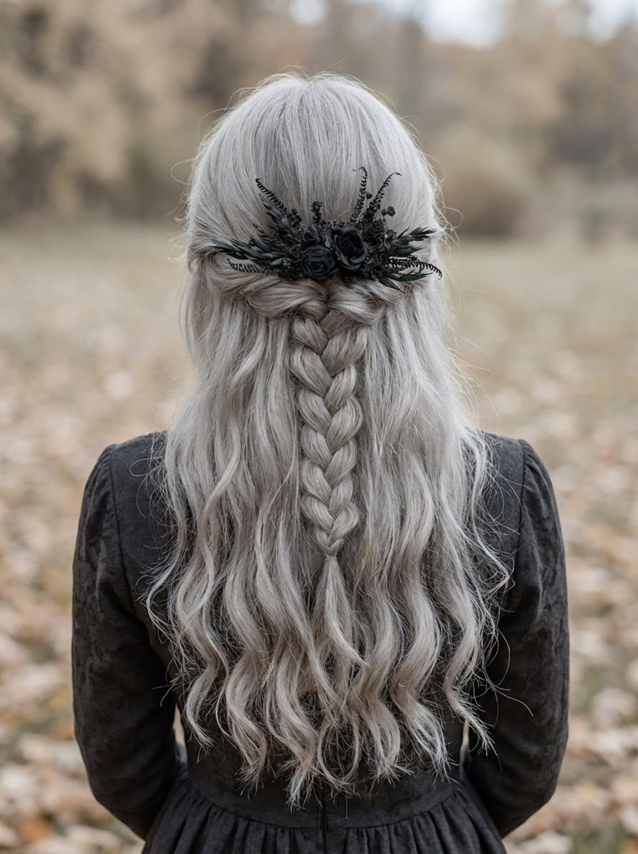 A person shown from behind outdoors, with long wavy silver-gray hair styled in a half-up braid adorned with a black decorative hairpiece. The person is wearing a dark dress, and the background is a softly blurred autumn field.