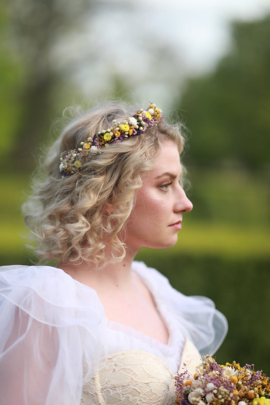 Wildflower Meadow Half Wreath Bridal Crown with Lavender, Billy Buttons and Dried Botanicals – handmade floral hair accessory by magaela