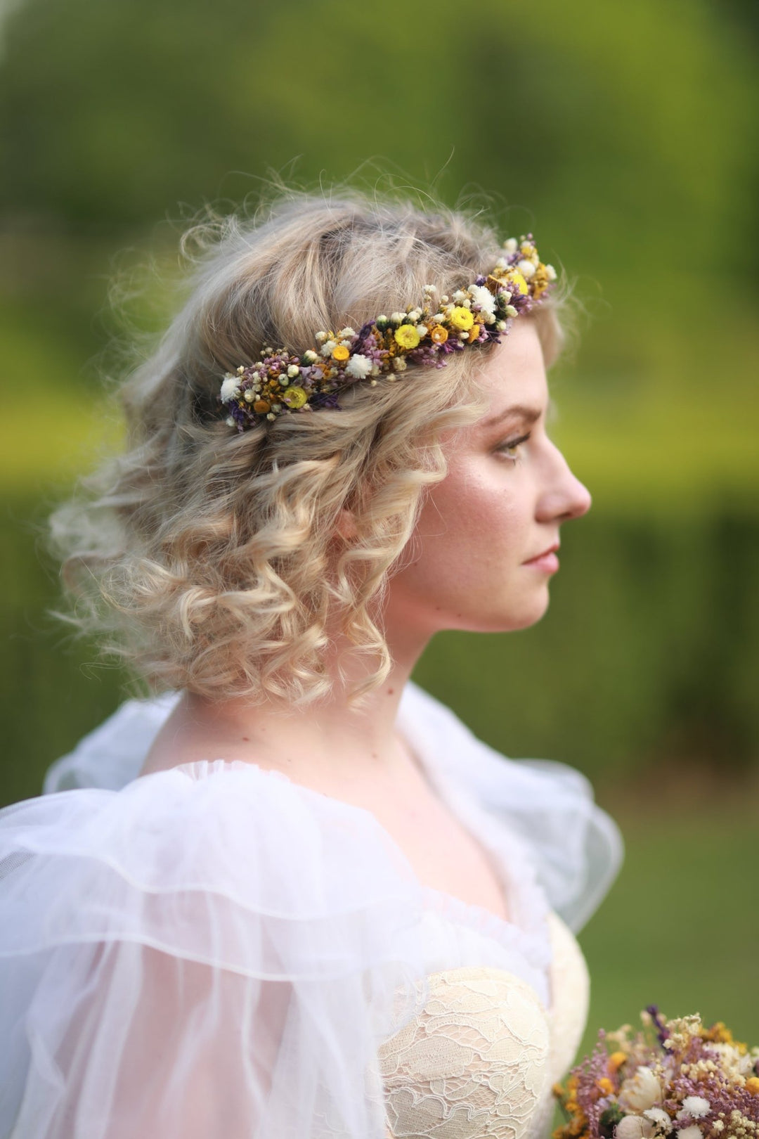 Wildflower Meadow Half Wreath Bridal Crown with Lavender, Billy Buttons and Dried Botanicals – handmade floral hair accessory by magaela