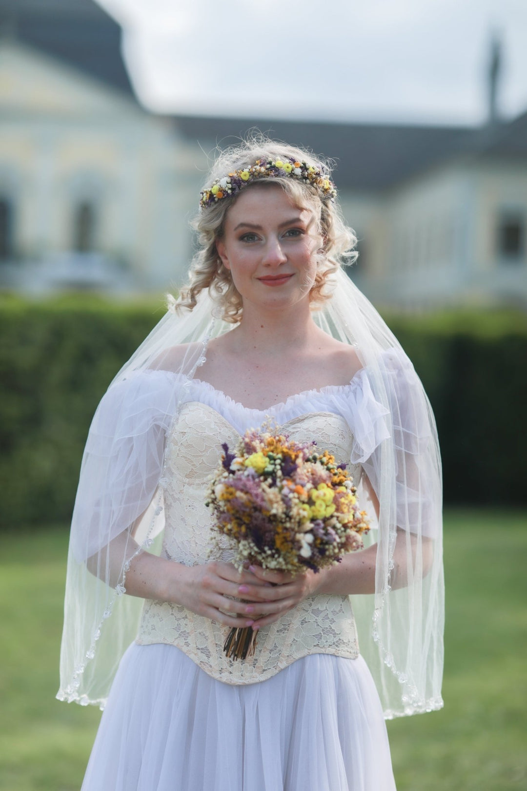 Wildflower Meadow Half Wreath Bridal Crown with Lavender, Billy Buttons and Dried Botanicals – handmade floral hair accessory by magaela