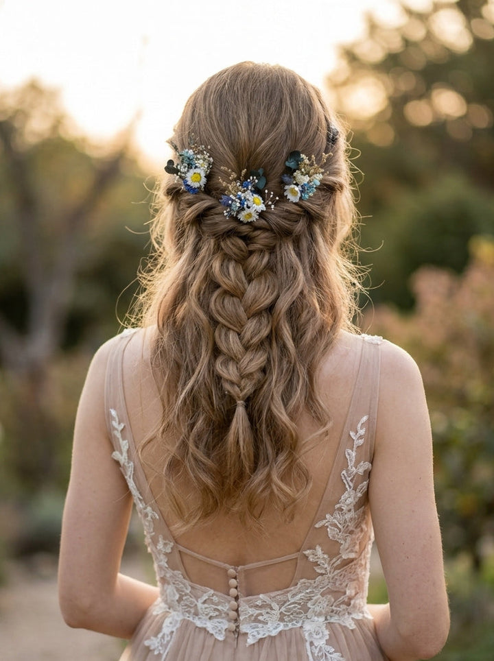 A woman seen from behind outdoors, wearing a blush beige lace and tulle dress with floral hair accessories in blue, white, and yellow. The background is a softly blurred natural setting with warm golden light.