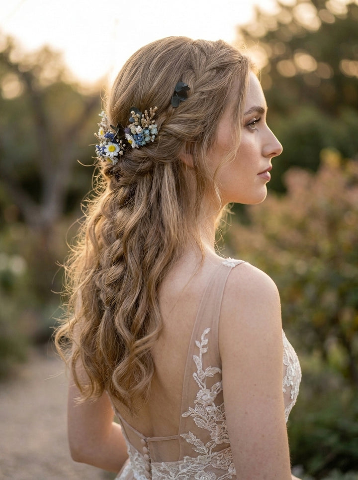 A woman in profile outdoors wearing a bridal half-up hairstyle with a floral hair accessory featuring blue, white, and yellow flowers, paired with a beige lace wedding dress.