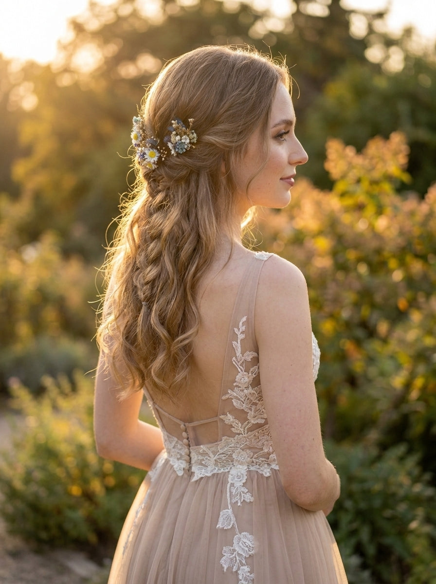 A woman outdoors in warm golden-hour light, shown from the back wearing a sleeveless blush-beige dress with white floral lace applique and a matching tulle skirt. She has a floral hair accessory in her hair, with blurred greenery in the background.
