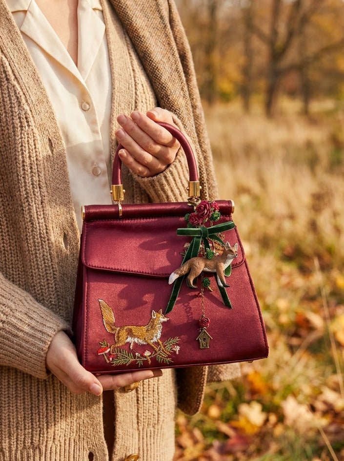Woodland Fox Bag Charm | Burgundy Roses and Green Velvet Bow – handmade floral hair accessory by magaela
