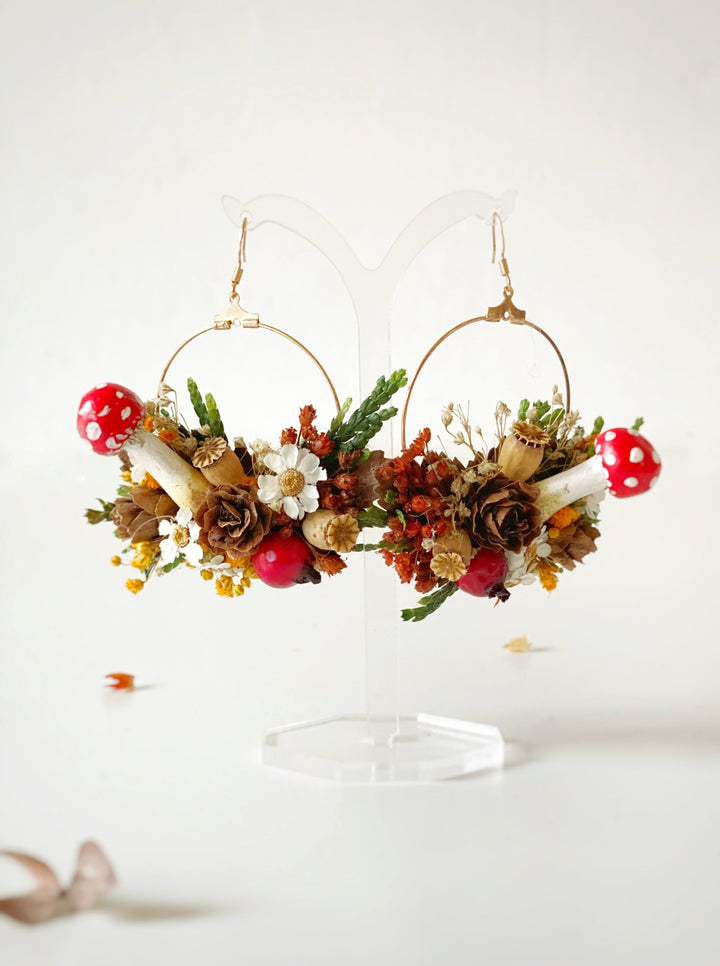 Forest Fairy Hoop Earrings with Mushrooms: Woodland Fantasy Jewelry – handmade floral hair accessory by magaela