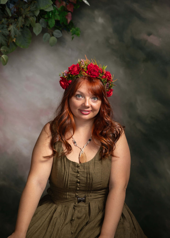 Bestseller red floral half crown – handmade floral hair accessory by magaela
