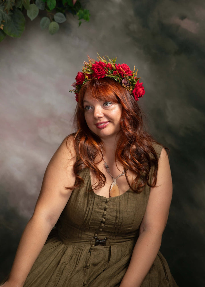 Bestseller red floral half crown – handmade floral hair accessory by magaela