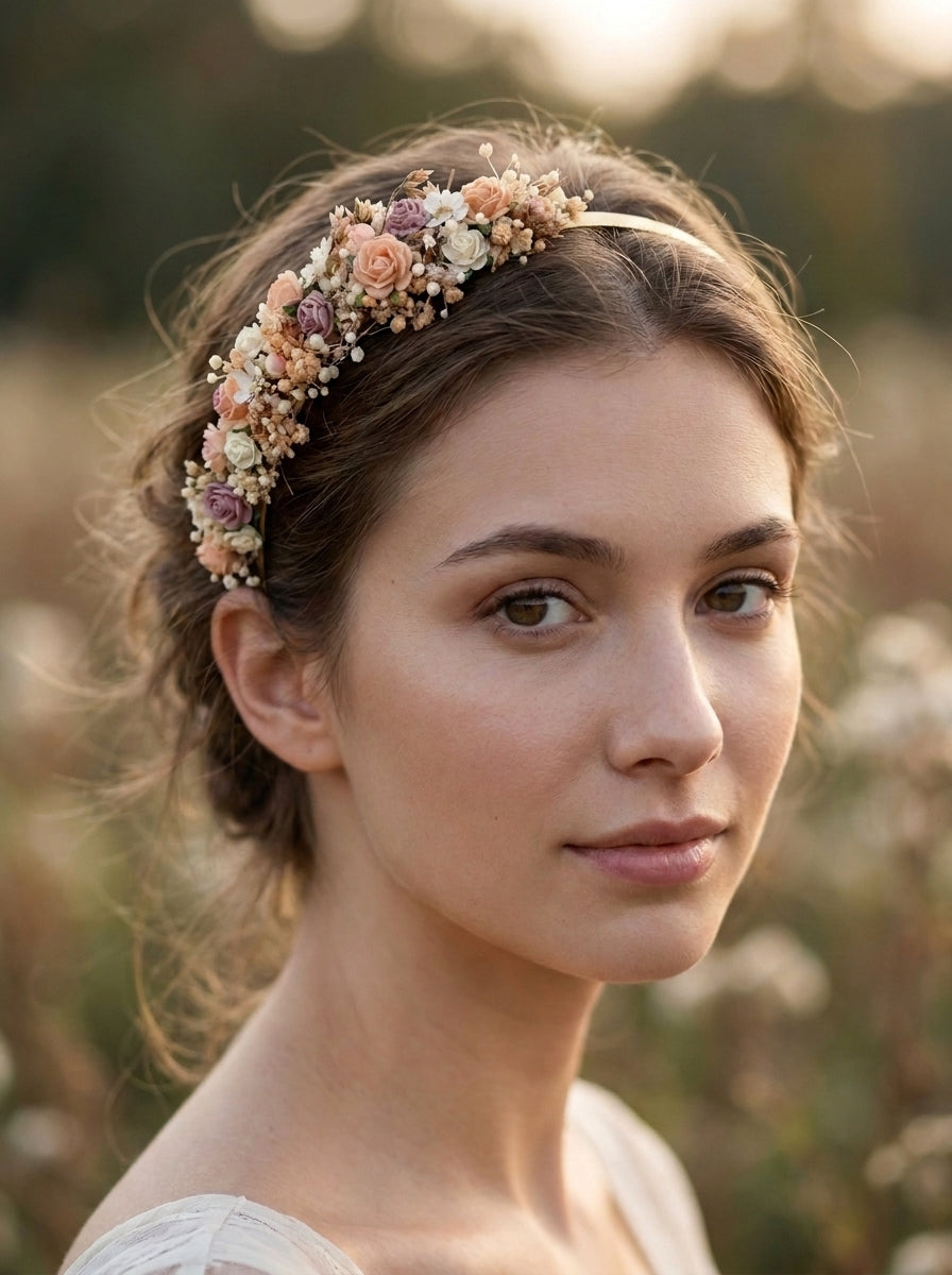 A woman wearing a delicate floral headband with dried flowers and small beads, photographed outdoors against a softly blurred natural background.