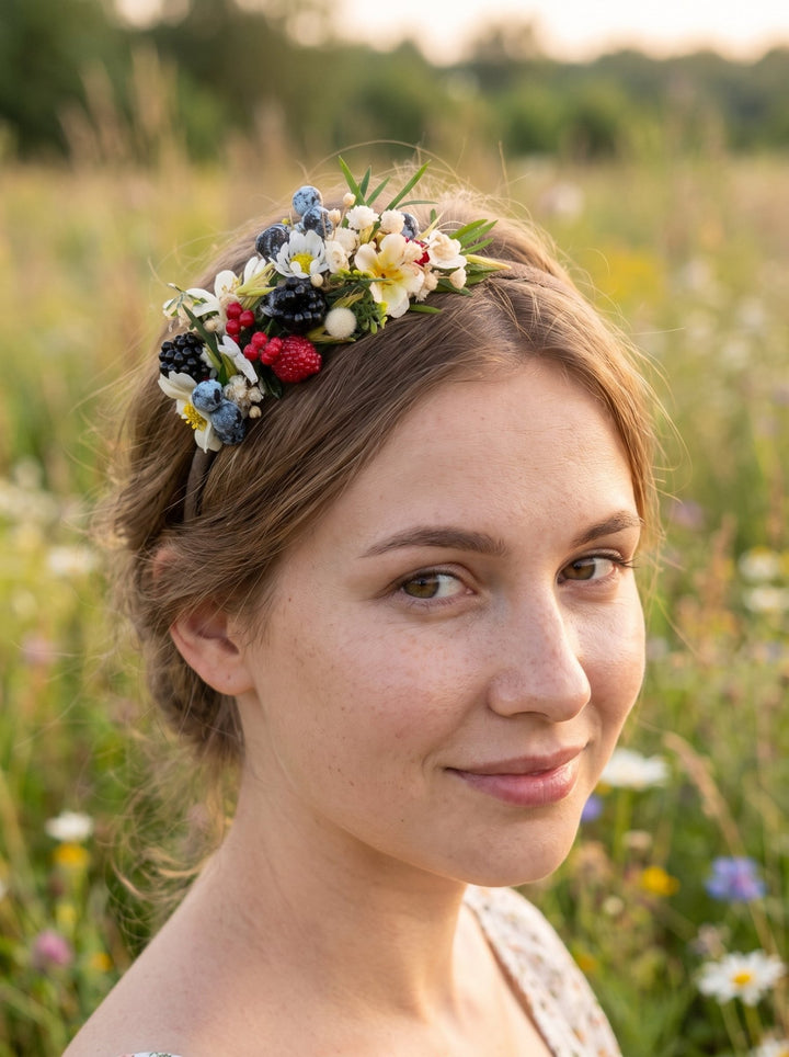 Woodland Berry Hair Headband – Blackberries, Strawberries & Blueberries – handmade floral hair accessory by magaela