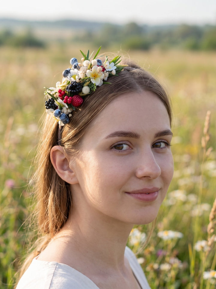 Woodland Berry Hair Headband – Blackberries, Strawberries & Blueberries – handmade floral hair accessory by magaela