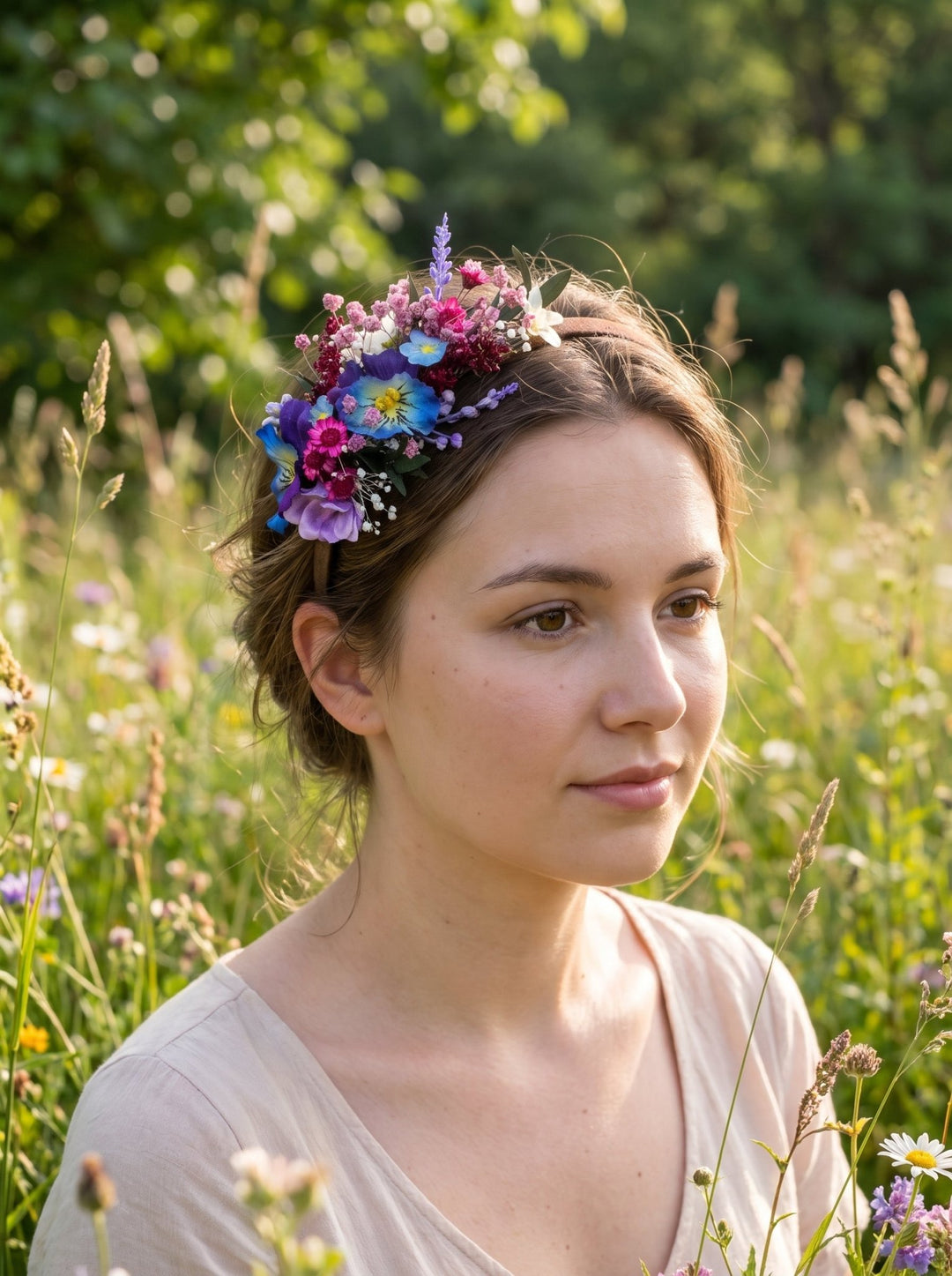A woman outdoors in a sunlit field wearing a colorful wildflower crown with blue, purple, pink, and yellow flowers.