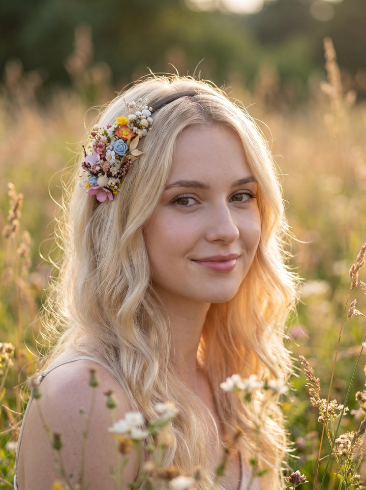 A blonde woman in a sunlit field wearing a delicate floral hair crown with pastel flowers.