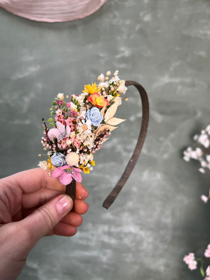 Colorful Wildflower Headband with Blue Rose, Cherry Flowers and Dried Botanicals