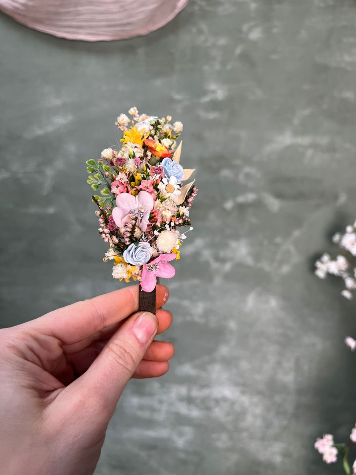 Colorful Wildflower Headband with Blue Rose, Cherry Flowers and Dried Botanicals