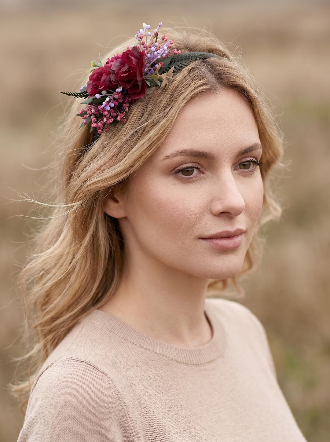 Woman wearing a floral headband in a natural setting