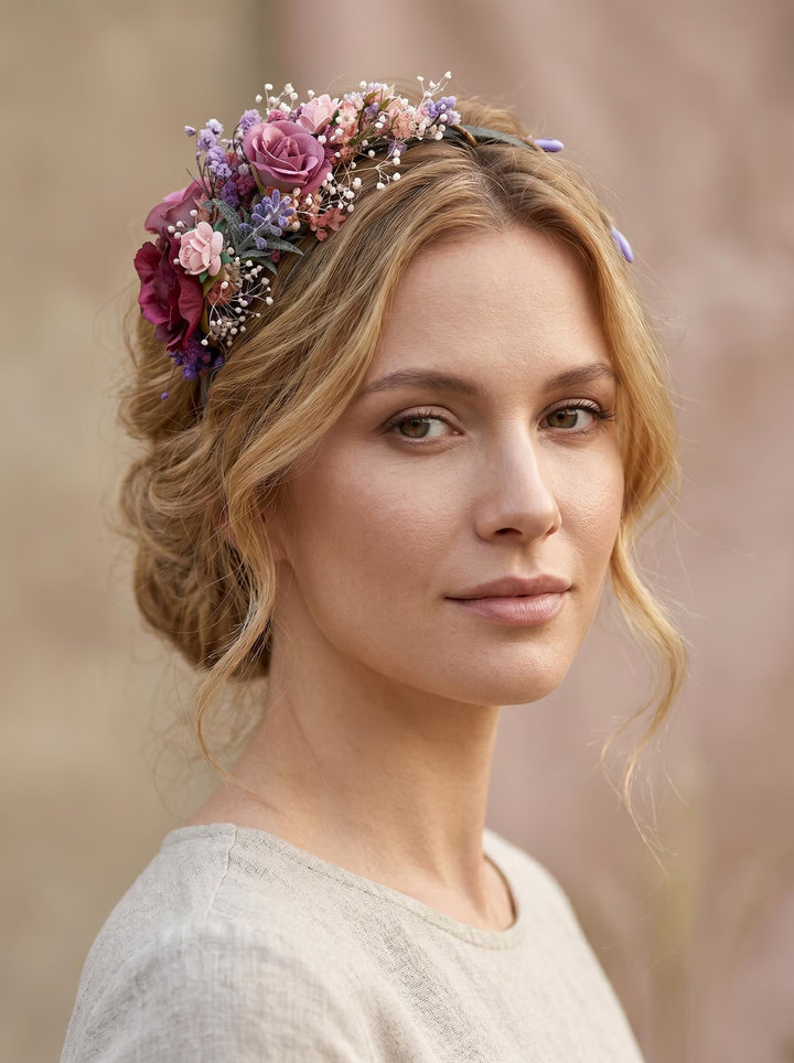 Woman wearing a floral headband with a blurred background