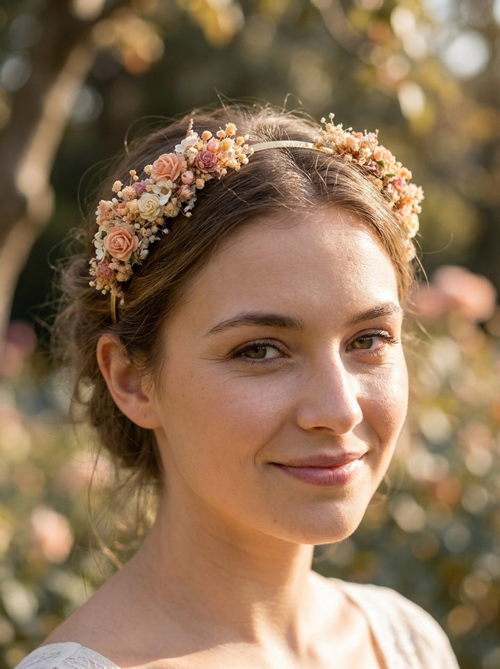 A woman outdoors wearing a delicate floral crown headband with small peach, pink, and cream flowers and tiny green leaves, set against a soft blurred garden background.