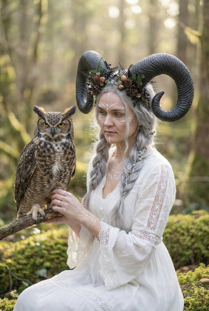 Woodland Horned Crown – Mutton Horn Headband | Fairycore & Pagan Headpiece – handmade floral hair accessory by magaela