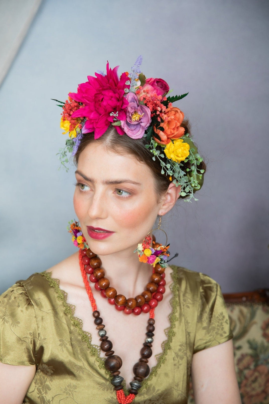 Magenta Frida Flower Headband: Boho Wedding Hair Crown – handmade floral hair accessory by magaela