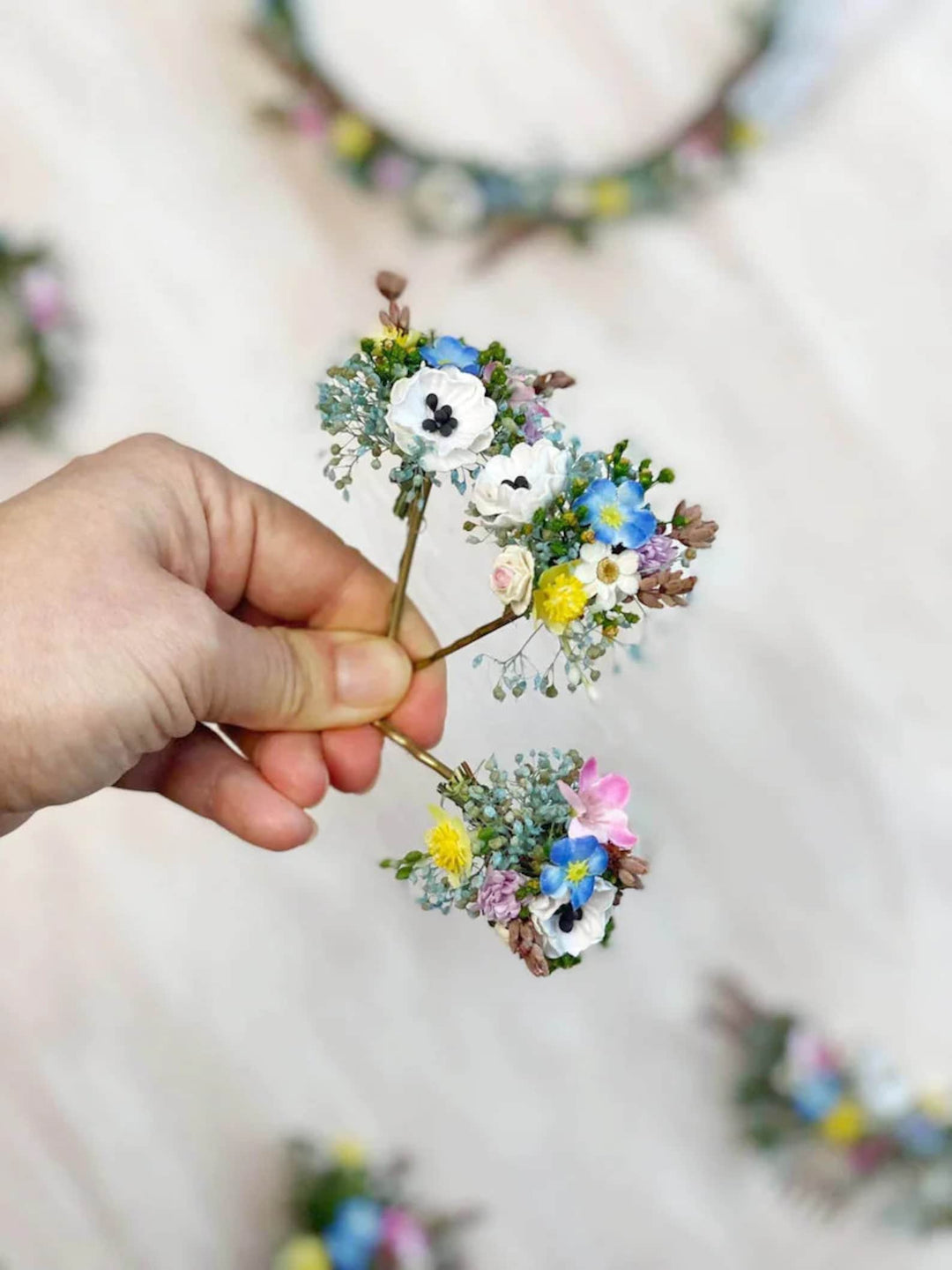 Wildflower Wedding Set – Half Crown, Hair Comb, Hairpins, Bracelet and Boutonnieres in Pastel Colors – handmade floral hair accessory by magaela