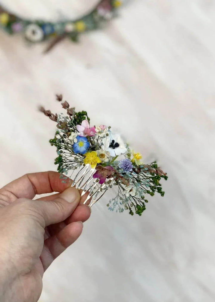 Wildflower Wedding Set – Half Crown, Hair Comb, Hairpins, Bracelet and Boutonnieres in Pastel Colors – handmade floral hair accessory by magaela