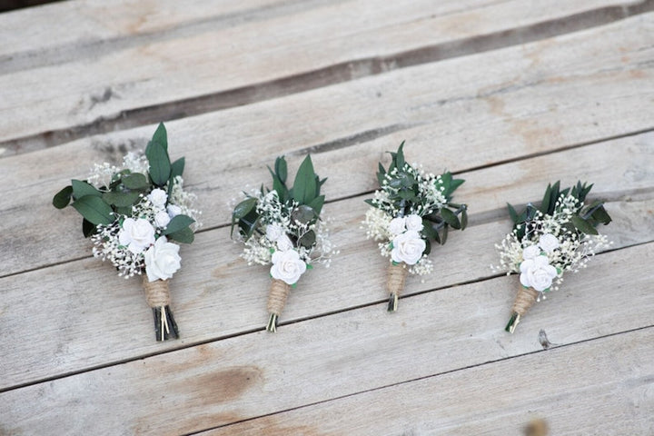 White Greenery Eucalyptus Bridal Set – Bouquet, Bridesmaid Bouquet, Hair Combs, Boutonnieres, Flower Crowns, Headband, Bracelet and Belt – handmade floral hair accessory by magaela
