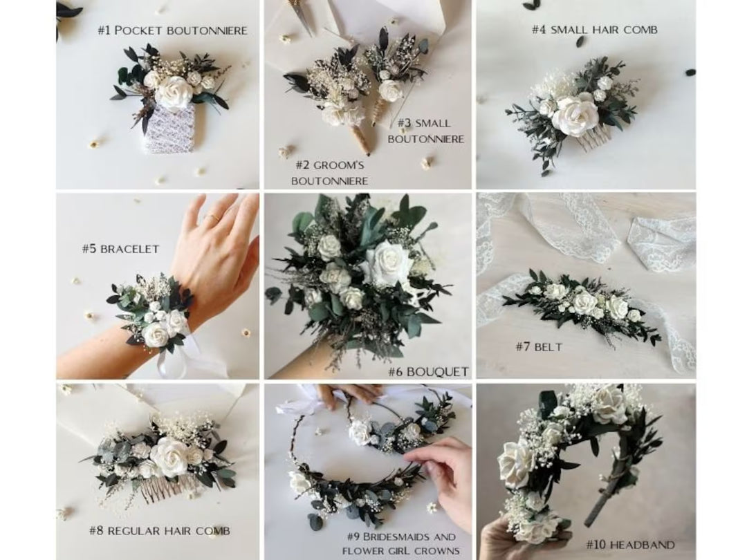 Weiß-grünes Eukalyptus-Brautset – Brautstrauß, Brautjungfernsträuße, Haarkämme, Anstecker, Blumenkränze, Stirnband, Armband und Gürtel