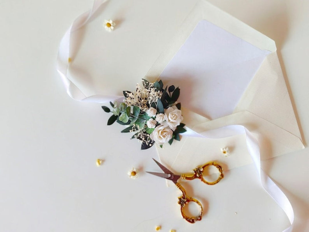 White Greenery Eucalyptus Bridal Set – Bouquet, Bridesmaid Bouquet, Hair Combs, Boutonnieres, Flower Crowns, Headband, Bracelet and Belt – handmade floral hair accessory by magaela